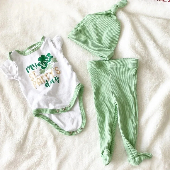 Baby my first st. Patrick’s day green and white outfit set with hat - Picture 1 of 5